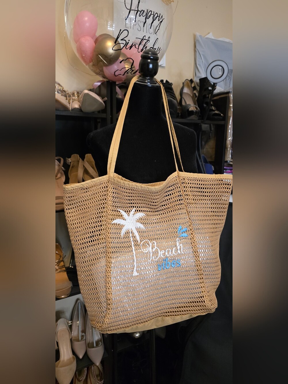 Beach Vibes Mesh Tote Bag - Tan